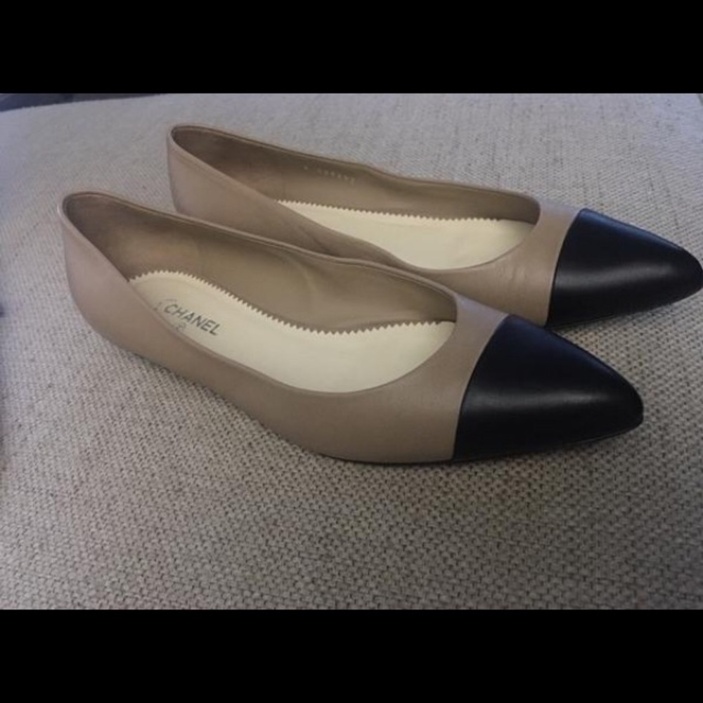 Chanel beige/black cap toe pointed flats-authentic